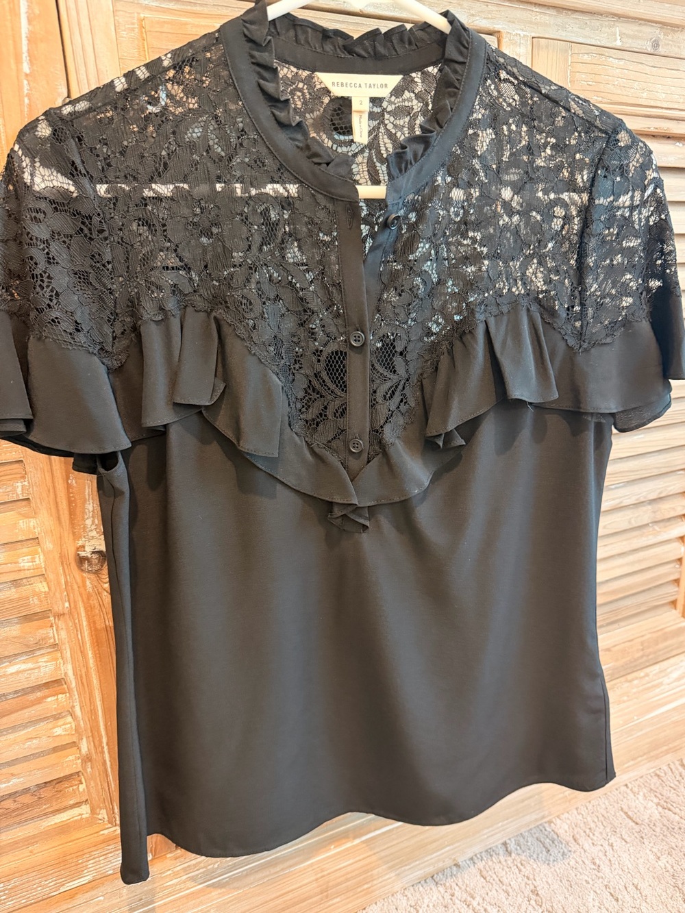 Rebecca Taylor Black 100% Silk Lace Ruffle Short-Sleeve Blouse (Size 2)